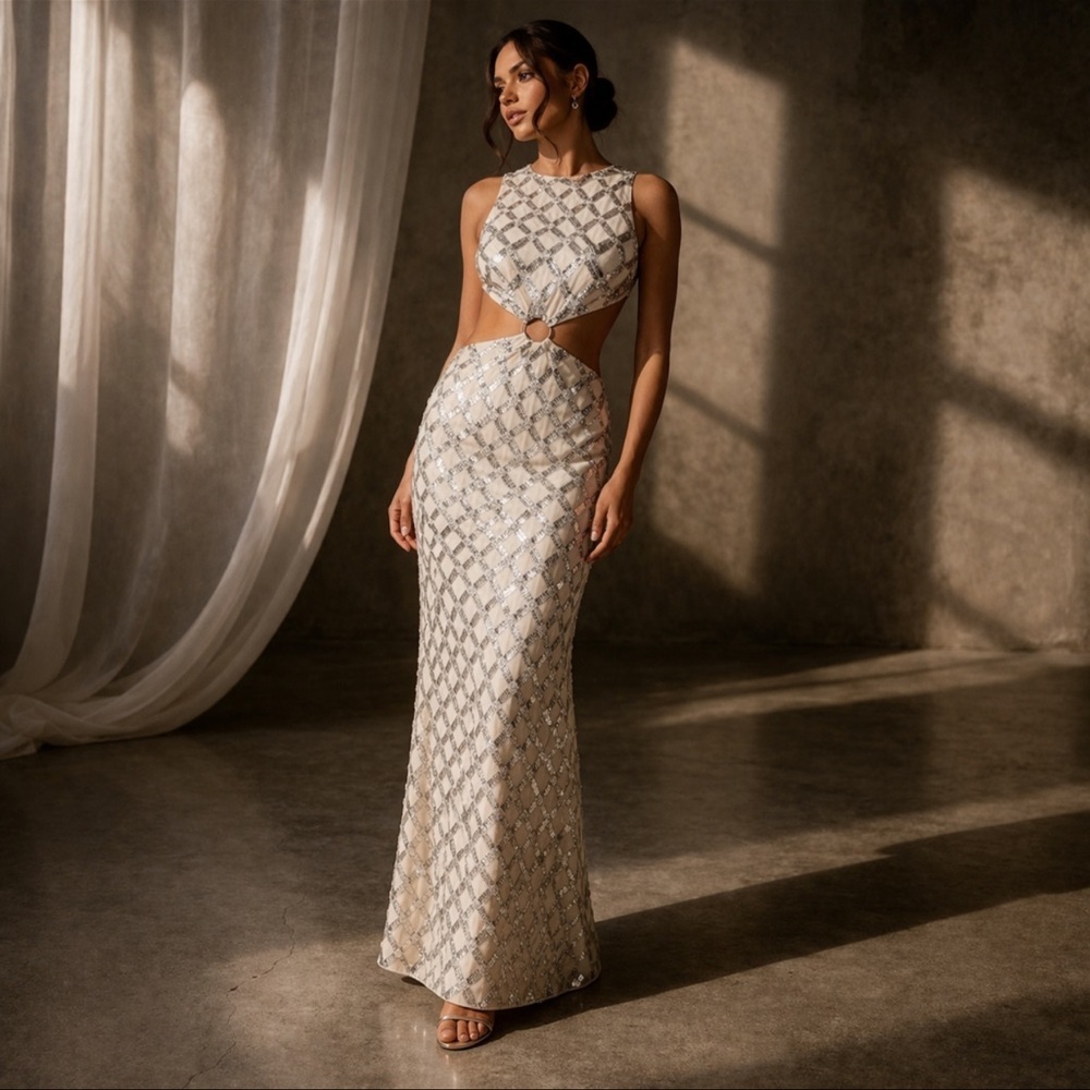 Mac Duggal Lattice Sequin Cutout Column Gown Ivory Formal 10